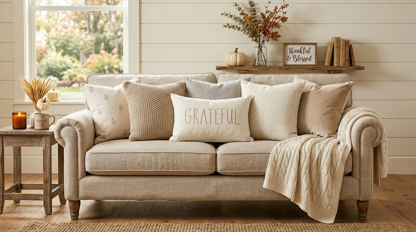 Neutral rustic Thanksgiving pillow covers on sofa